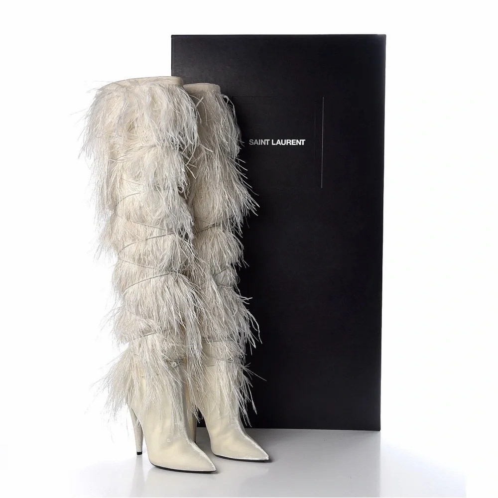 Saint Laurent Ivory Yeti 110 Ostrich Feather Over-the-Knee Stiletto Boots